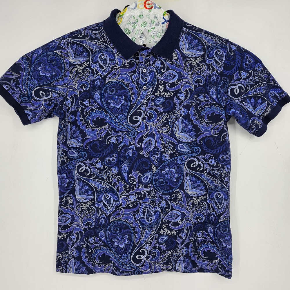 Robert Graham Polo Shirt Mens Medium Blue Paisley Dozer Preppy Short Sleeve